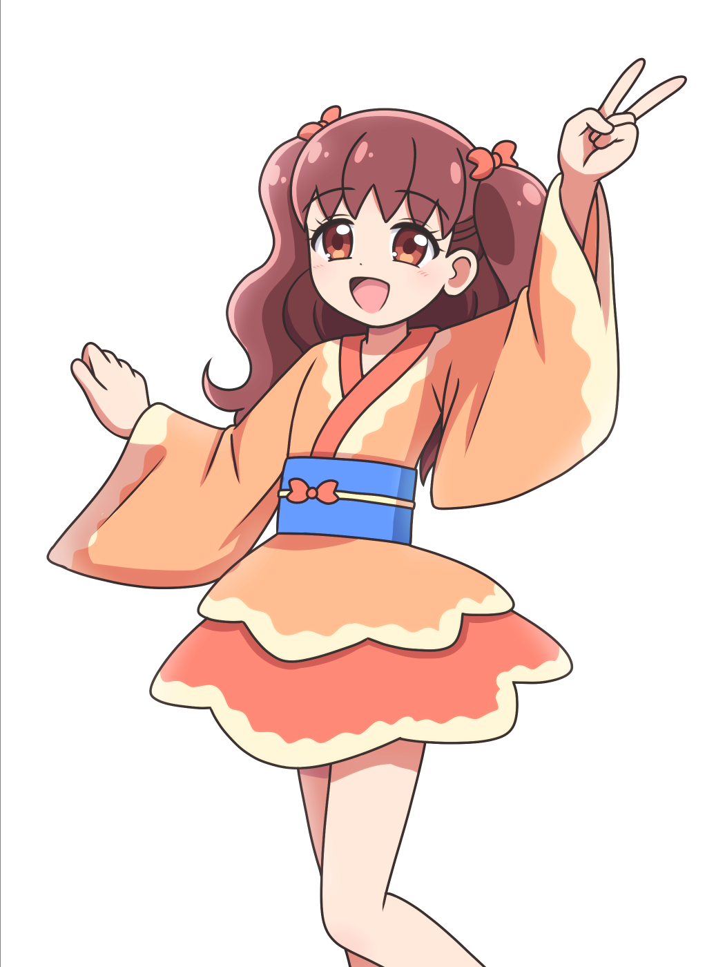 1girl arms_up bare_legs blue_sash blush bow brown_hair clenched_hand commentary feet_out_of_frame hair_bow hair_ornament highres japanese_clothes kanie_(precure) kato-shun kimono light_blush long_hair long_sleeves looking_at_viewer obi open_mouth orange_bow orange_eyes orange_kimono precure sash short_kimono short_yukata simple_background smile solo twintails v waist_bow white_background wide_sleeves wonderful_precure! yukata