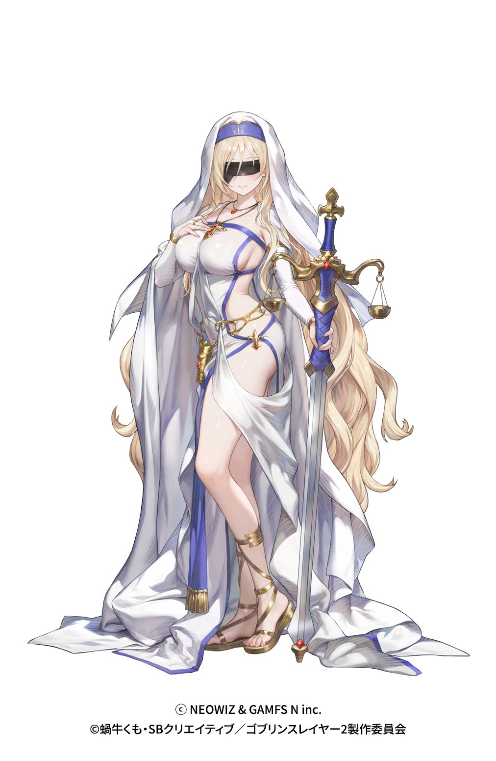 1girl armpits blindfold blush breasts brown_dust_(series) brown_dust_2 closed_mouth copyright_name dress from_side full_body goblin_slayer! gold_sandals hand_on_own_chest highres holding holding_sword holding_weapon jewelry large_breasts lips looking_at_viewer official_art pendant revealing_clothes sandals sideboob simple_background smile solo sword sword_maiden toes veil weapon weighing_scale white_background white_dress white_sleeves white_veil