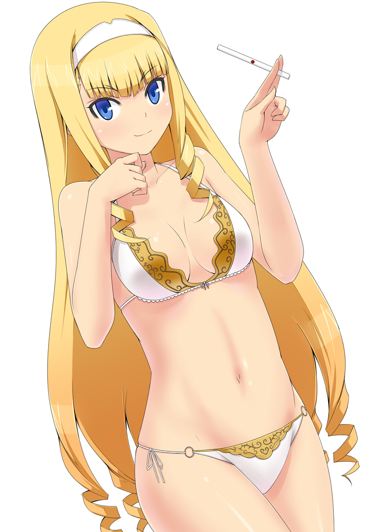 1girl bikini blonde_hair blue_eyes board_game dream_c_club dream_c_club_(series) dream_c_club_zero drill_hair female_focus hairband haruka_(dream_c_club) holding_tenbou long_hair mahjong navel shougi_(116) side-tie_bikini_bottom solo swimsuit tenbou