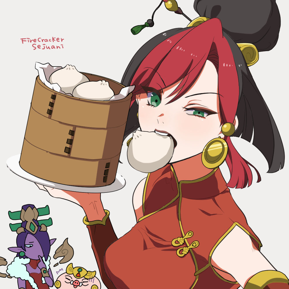 2girls animal bare_shoulders breasts bristle character_name colored_skin detached_sleeves firecracker_sejuani food food_request fur_trim green_eyes hair_bun hair_ornament half-closed_eye hand_up hiyari_(hiyarilol) holding league_of_legends lunar_wraith_morgana medium_breasts morgana_(league_of_legends) mouth_hold multiple_girls official_alternate_costume pig pointy_ears purple_skin red_hair sejuani simple_background single_hair_bun solo_focus teeth upper_body white_background