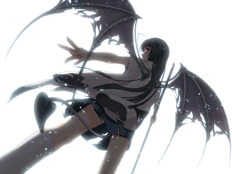 1girl black_hair dutch_angle female_focus from_below game_cg kneehighs long_hair naginata nitroplus oki_kiki polearm purple_eyes simple_background skirt smile socks solo sumaga tail torn_clothes tsuji_santa very_long_hair weapon white_background white_socks wings