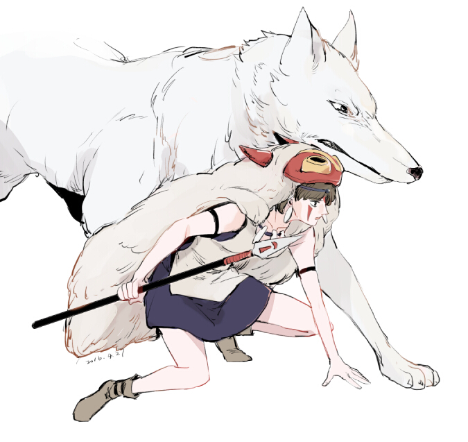 1girl arm_strap boots brown_boots brown_hair cape collarbone dated earrings facepaint facial_mark full_body fur_cape hand_on_ground holding holding_polearm holding_weapon jewelry mononoke_hime moro_(mononoke_hime) necklace pelt polearm profile rena_(renasight) san_(mononoke_hime) simple_background spear squatting tooth_necklace weapon white_background white_wolf wolf