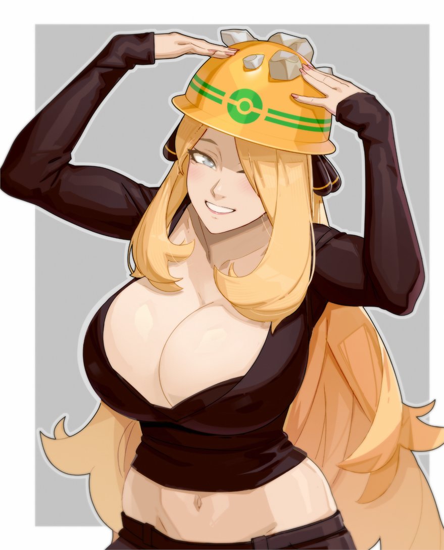1girl arms_up black_pants blonde_hair blue_eyes border breasts collarbone cynthia_(pokemon) female_focus hand_on_own_head hands_on_own_head hard_hat helmet large_breasts long_hair materclaws midriff navel nintendo pants pokemon pokemon_dppt rock shiny_skin simple_background smile white_border