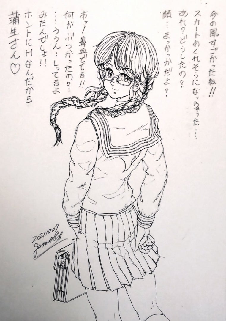 1girl ass bag braid commentary_request dated flat_ass from_behind gamoh_hidetaka glasses graphite_(medium) holding holding_bag long_sleeves looking_back low_twin_braids miniskirt mixed_media monochrome original pleated_skirt school_bag school_uniform serafuku signature skirt smile solo traditional_media translation_request twin_braids