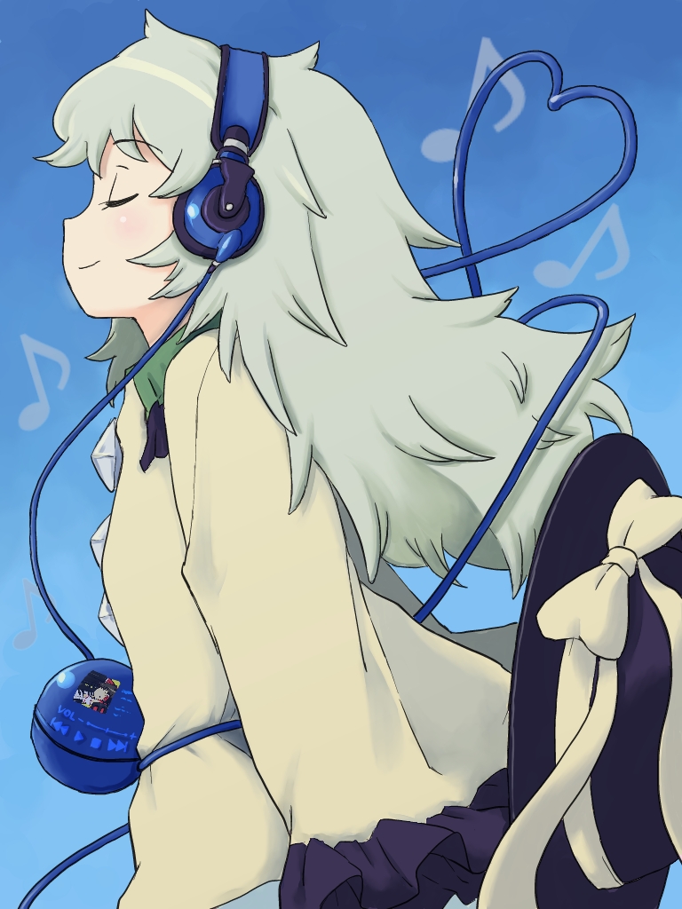 1girl black_hat blue_background bow closed_eyes closed_mouth commentary_request from_side gradient_background green_hair hat hat_bow headphones heart heart_of_string jack_(wkm74959) komeiji_koishi long_hair musical_note shirt solo third_eye touhou upper_body yellow_shirt