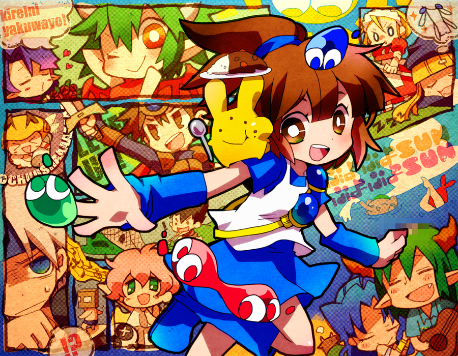 5boys 6+girls 73_(naa) :d :t ;) arle_nadja blonde_hair blue_eyes blue_hair blue_skirt brown_eyes brown_hair carbuncle_(puyopuyo) choppun closed_eyes compile copyright_name creature curry draco_centauros eating everyone fang food green_hair guitar harpy_(puyopuyo) honey_bee_(puyopuyo) horns incubus_(puyopuyo) instrument kikimora_(monster_monster) kikimora_(puyopuyo) lagnus_the_brave madou_monogatari maid multiple_boys multiple_girls one_eye_closed open_mouth pink_hair plate purple_hair puyo_(puyopuyo) puyopuyo red_eyes rulue_(puyopuyo) satan_(puyopuyo) schezo_wegey short_hair skeleton_t skirt smile spoon suketoudara_(puyopuyo) white_hair wink witch_(puyopuyo) zo-daimaoh zoh_daimaoh