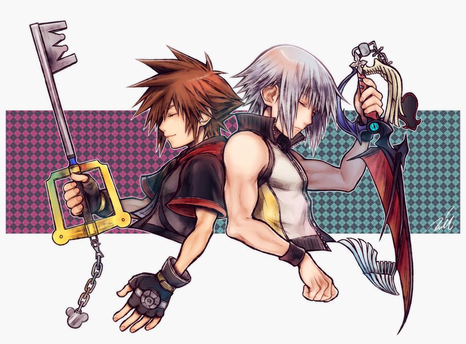 2boys arm_up armband back-to-back bare_shoulders black_armband black_gloves black_jacket brown_hair charm_(object) closed_eyes closed_mouth cropped_torso from_side gloves grey_hair hair_behind_ear high_collar holding holding_weapon hood hood_down hooded_jacket jacket keyblade kingdom_hearts kingdom_hearts_3d:_dream_drop_distance kingdom_key male_focus mim_(mimya0600) multiple_boys parted_bangs partially_unzipped popped_collar profile riku_(kingdom_hearts) short_hair short_sleeves signature sleeveless sora_(kingdom_hearts) spiked_hair way_to_the_dawn weapon zipper