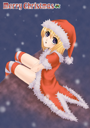 1girl 2000s_(style) blonde_hair brown_eyes christmas coat commentary_request feet_out_of_frame feliciel fur-trimmed_coat fur_trim hat looking_at_viewer lowres merry_christmas open_mouth pom_pom_(clothes) ragnarok_online red_coat red_thighhighs rogue_(ragnarok_online) santa_hat short_hair snowing solo striped_clothes striped_thighhighs thighhighs white_thighhighs