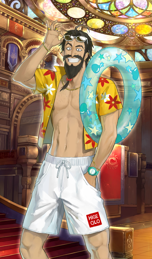 1boy abs adjusting_eyewear ahoge b_suke bare_pectorals beard beard_bow black_beard black_eyes black_facial_hair black_hair bow bracelet brand_name_imitation chaldea_logo commentary ear_cuffs earrings edward_teach_(fate) edward_teach_(formal_dress)_(fate) eyewear_on_head facial_hair fate/grand_order fate_(series) feet_out_of_frame floral_print floral_print_shirt formal_clothes full_beard gold_bracelet gold_necklace gold_ring hand_in_pocket indoors innertube jewelry light_rays male_focus male_swimwear multiple_piercings mustache navel necklace official_art open_clothes open_mouth open_shirt pectorals popped_collar red_bow ring shirt short_sleeves smile solo stained_glass stairs standing star_(symbol) sunglasses swim_ring swim_trunks teeth third-party_source tied_beard tinted_eyewear watch white-framed_eyewear white_male_swimwear wristwatch yellow_shirt