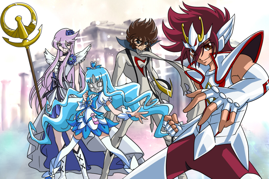 00s 10s 2boys 2girls armor athena blue_hair bodysuit casshern casshern_(series) casshern_sins creator_connection crossover cure_marine cure_moonlight furuya_tooru heartcatch_precure! kurumi_erika long_hair magical_girl mask matirine multiple_boys multiple_girls name_connection pegasus_koga pegasus_seiya precure purple_hair saint_seiya saint_seiya_omega voice_actor_connection tsukikage_yuri