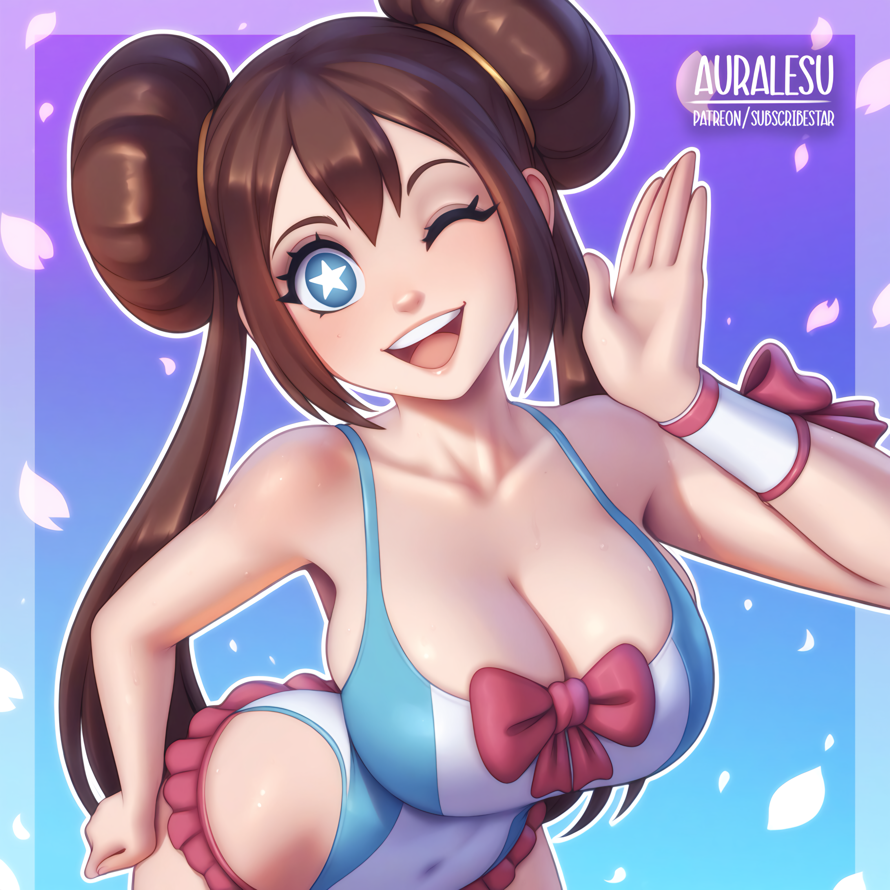 1girl ai-assisted auralesu blue_background blue_eyes blue_one-piece_swimsuit blush bow breasts brown_hair cherry_blossoms cleavage collarbone double_bun gradient_background hair_bun hand_on_own_hip highleg highleg_one-piece_swimsuit large_breasts leaning_forward long_hair looking_at_viewer nintendo one-piece_swimsuit one_eye_closed open_mouth petals pink_bow pink_skirt pokemon pokemon_bw2 purple_background rosa_(pokemon) skirt smile standing star-shaped_pupils star_(symbol) swimsuit swimsuit_skirt symbol-shaped_pupils teeth twintails two-tone_background wink wrist_bow wristband