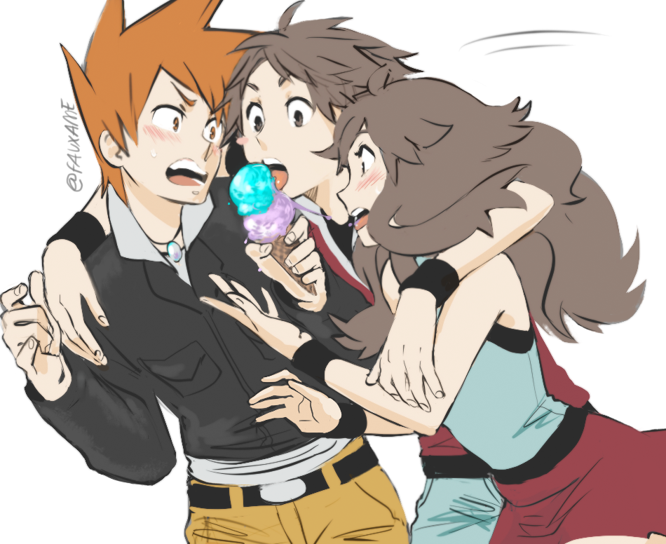 1girl 2boys blue_oak blue_oak_(pokemon_hgss) food green_(pokemon) ice_cream multiple_boys nintendo pokemon pokemon_frlg pokemon_hgss raw_gummy red_(pokemon) red_(pokemon_frlg)