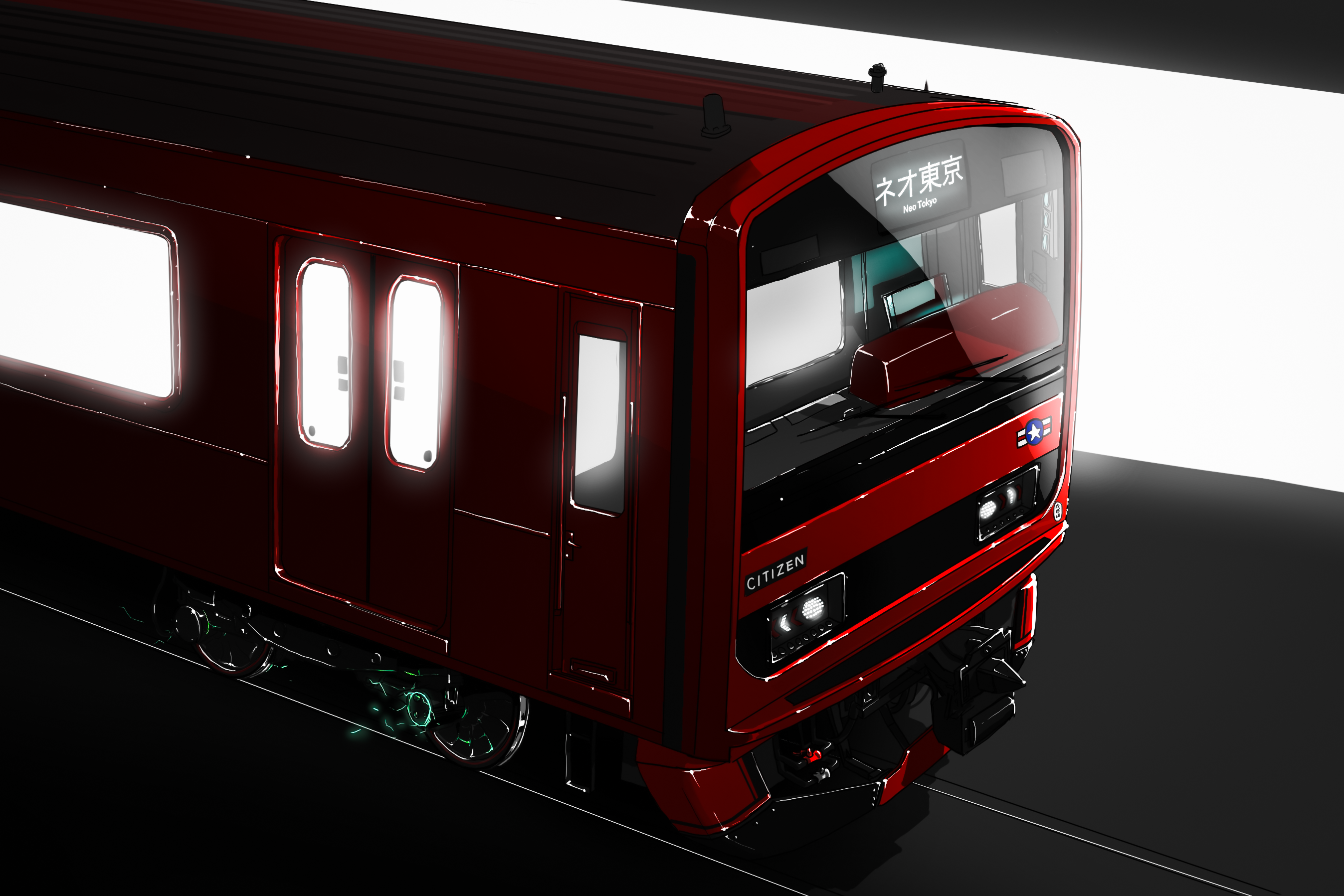 209all akira_(manga) citizen_(brand) dark east_japan_railway_company glowing headlight_beam highres japan_railways jr_east_209_series kaneda_shoutarou&#039;s_bike light_rays multiple_unit_train no_humans railroad_tracks sliding_doors subway train vehicle_focus wipers