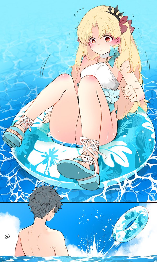 1boy 1girl azumi_(myameco) black_hair blonde_hair blue_sandals blue_sky cloud commentary day ereshkigal_(fate) fate/grand_order fate_(series) fujimaru_ritsuka_(male) hair_ribbon innertube long_hair ocean one-piece_swimsuit outdoors red_eyes red_ribbon ribbon sandals short_hair sitting sky space_ereshkigal_(fate) space_ereshkigal_(first_ascension)_(fate) swim_ring swimsuit symbol-only_commentary toenails toes two_side_up