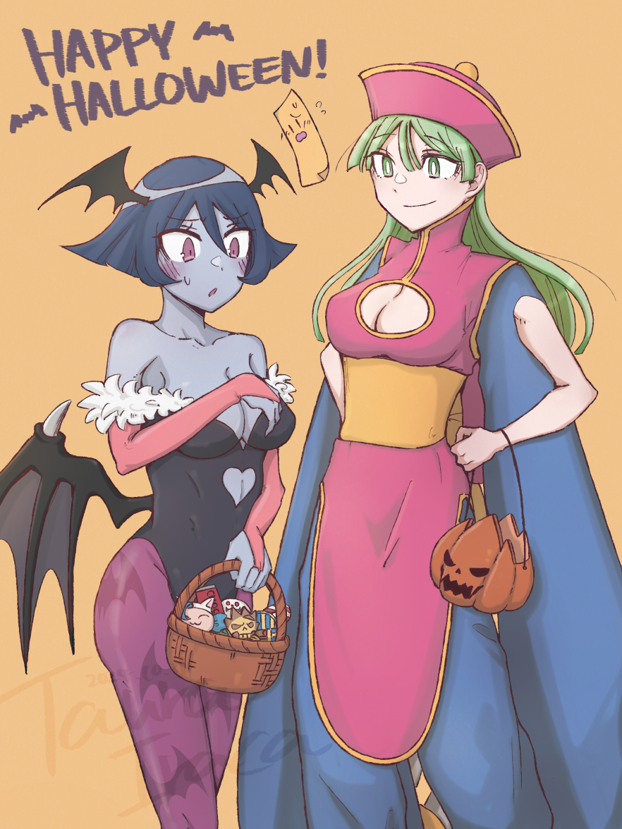 3girls animal_ears animal_print artist_name asymmetrical_hair bag bare_shoulders basket bat_(animal) bat_print bat_wings blue_hair blue_skin blush breasts center_opening character_doll chinese_clothes cleavage cleavage_cutout clothing_cutout colored_skin cosplay costume_switch darkstalkers demon_girl detached_sleeves embarrassed fake_animal_ears felicia_(darkstalkers) flying_sweatdrops fur-trimmed_sleeves fur_trim green_eyes green_hair hair_between_eyes happy_halloween hat head_wings heart_cutout holding holding_bag holding_basket hsien-ko hsien-ko_(cosplay) jiangshi long_hair low_wings medium_breasts mei-ling_(darkstalkers) morrigan_aensland morrigan_aensland_(cosplay) multiple_girls no_headwear ofuda open_mouth pantyhose pink_hat pink_sleeves purple_pantyhose short_hair sweatdrop taura_iraca vampire wings worried