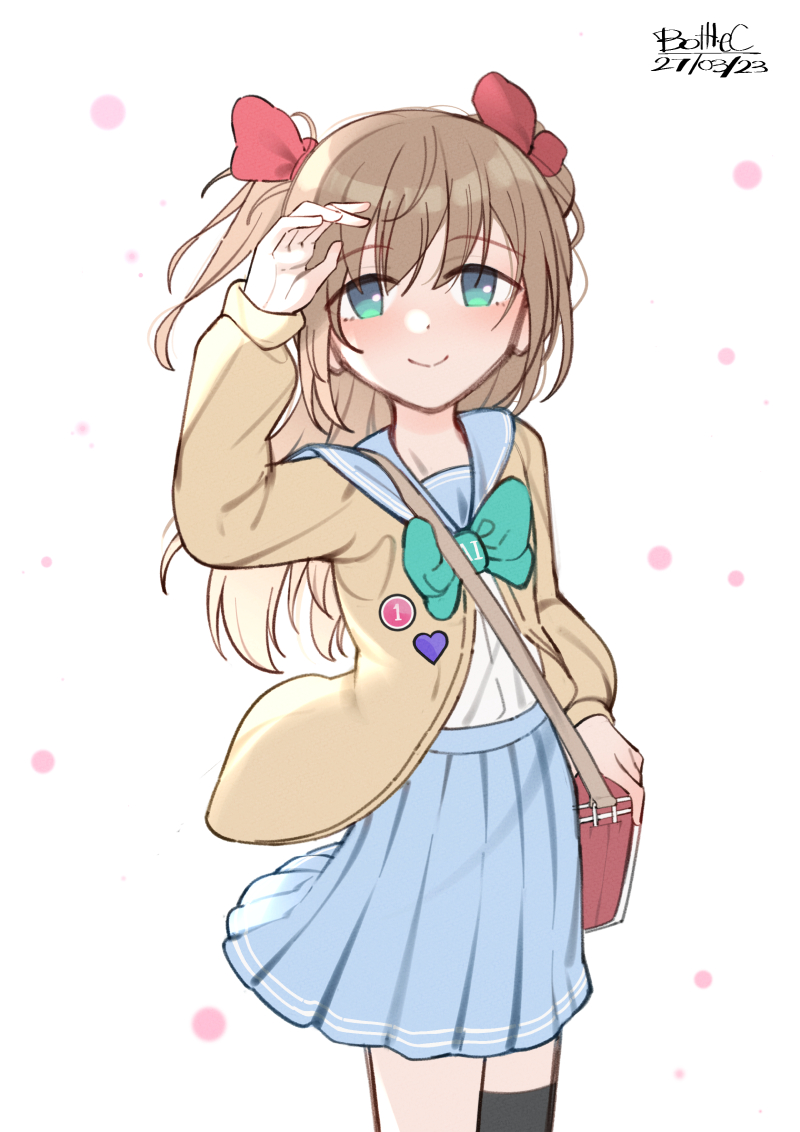 1girl badge blue_eyes blush bottle_(bottle1234) bow bowtie brown_cardigan button_badge cardigan green_bow green_bowtie grey_sailor_collar indie_virtual_youtuber kneehighs live2d_inc. long_hair long_sleeves momose_hiyori neuro-sama sailor_collar school_uniform serafuku single_kneehigh single_sock smile socks two_side_up virtual_youtuber white_serafuku
