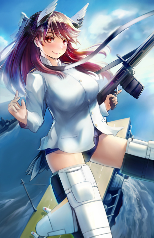 10s 1girl aircraft_carrier animal_ears blush brave_witches breasts brown_eyes brown_hair closed_mouth cloud comic-z day epaulettes female_focus gun half_updo head_tilt head_wings holding holding_gun holding_weapon karibuchi_takami large_breasts long_hair long_sleeves looking_at_viewer machine_gun matching_hair/eyes military military_vehicle one-piece_swimsuit outdoors ship shirt sky smile solo striker_unit swimsuit trigger_discipline warship water watercraft weapon white_shirt wings world_witches_series