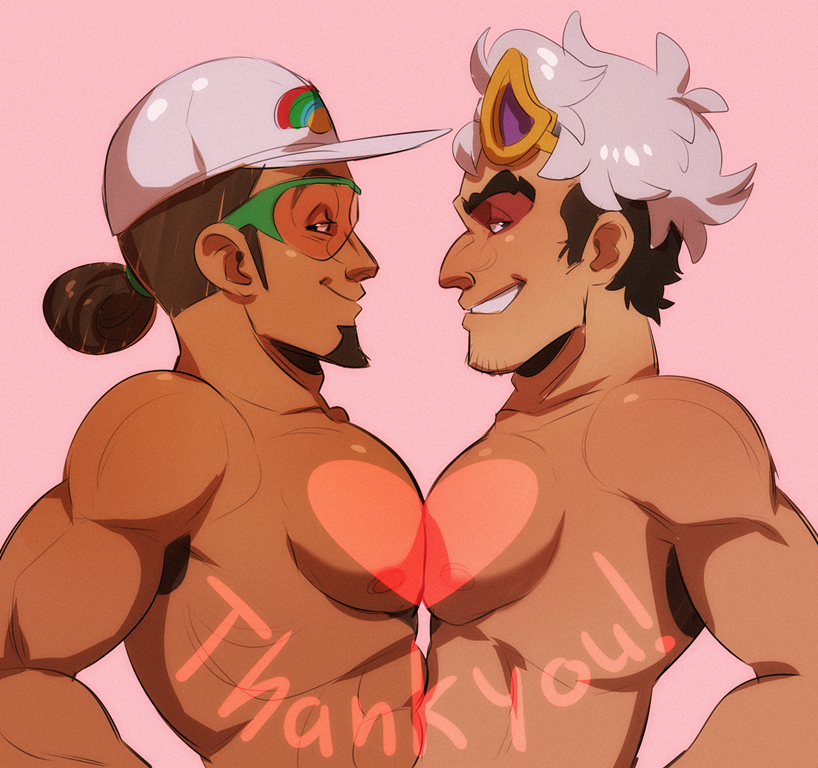 2boys bara glasses grin guzma_(pokemon) hat kukui_(pokemon) male_focus multicolored_hair multiple_boys naughty_face nintendo pectorals pokemon pokemon_sm smile team_skull text_focus thank_you topless_male xnirox yaoi