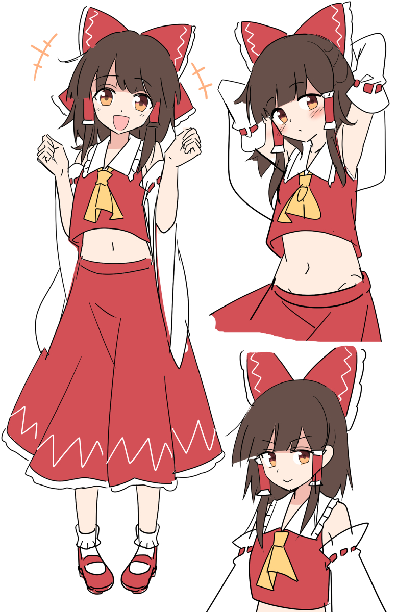 +++ 1girl arms_behind_head ascot blush bow breasts brown_eyes brown_hair closed_mouth detached_sleeves e.o. frilled_bow frilled_hair_tubes frills groin hair_bow hair_tubes hakurei_reimu highres long_hair looking_at_viewer mary_janes midriff multiple_views navel red_bow red_shoes red_skirt ribbon-trimmed_sleeves ribbon_trim shoes skirt skirt_set small_breasts smile socks touhou white_socks yellow_ascot