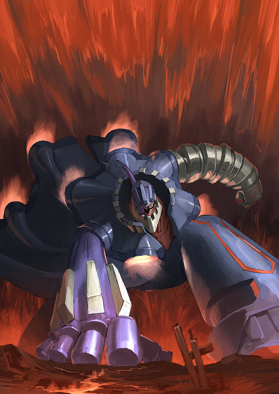 00s arm_support bad_id bad_pixiv_id cape coat dix-neuf eyepatch glowing highres mecha no_humans on_one_knee robot solo super_robot top_wo_nerae!_(series) top_wo_nerae_2! trench_coat yoshi-moco
