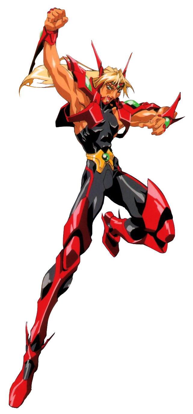 1990s_(style) armor blonde_hair choujin_gakuen_gowcaizer fang highres kaiza_isato male_focus muscular oobari_masami power_suit sleeveless spandex technos