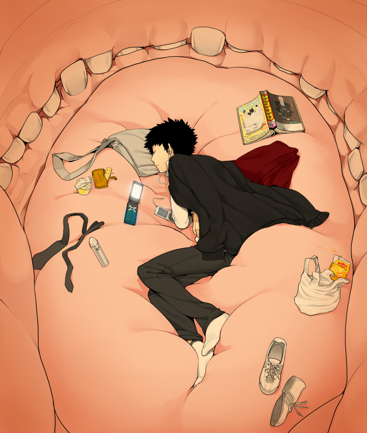 1boy bag black_hair book cellphone cenco cencoroll digital_media_player handbag ipod lying monochrome necktie phone shoes unworn_shoes sleeping socks spiked_hair suko_mugi surreal teeth tetsu_(cencoroll) tongue