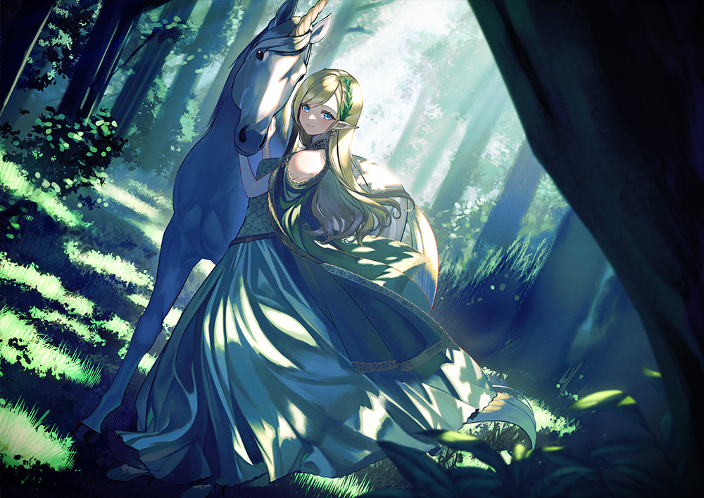 1girl bare_shoulders blonde_hair blue_eyes clothing_cutout dappled_sunlight dress dutch_angle earrings elf forest grass green_dress hair_ornament horse jewelry leaf long_hair looking_at_viewer nature original outdoors pointy_ears scenery shoulder_cutout sunlight tree unicorn unowen