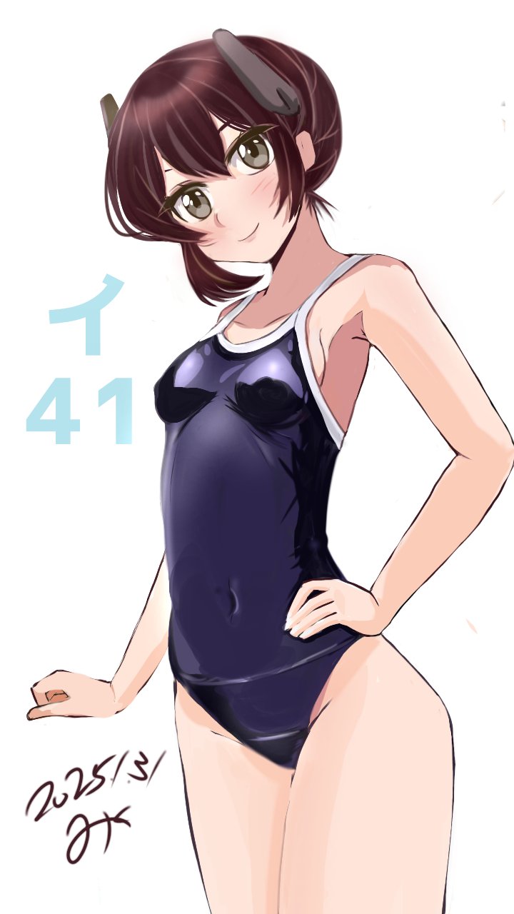 1girl black_hair blush breasts competition_school_swimsuit cowboy_shot dated headgear highres i-41_(kancolle) kantai_collection looking_at_viewer one-piece_swimsuit school_swimsuit short_hair sirayuki0328081 small_breasts smile solo swimsuit white_background