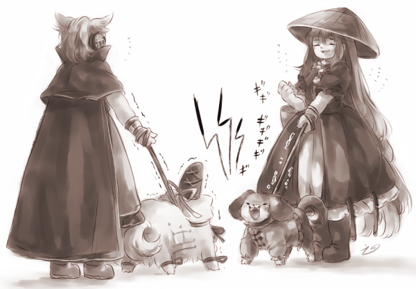 2girls ajirogasa animalization bad_id bad_pixiv_id barking cape dress earmuffs hat hijiri_byakuren kasodani_kyouko kasodani_kyouko_(yamabiko) koto_inari long_hair monochrome mononobe_no_futo multiple_girls short_hair skirt smile tate_eboshi touhou toyosatomimi_no_miko very_long_hair