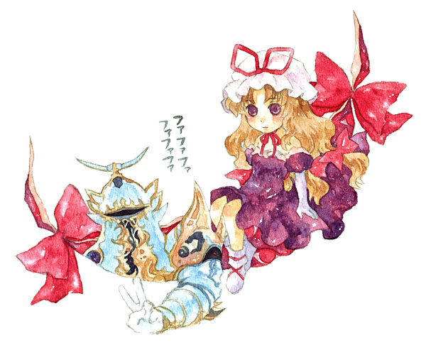 1990s_(style) 1girl blonde_hair bow choker exdeath final_fantasy final_fantasy_v gap_(touhou) hair_bow hat hat_bow long_hair painting_(medium) purple_eyes retro_artstyle ribbon_choker shiroma_(mamiko) touhou traditional_media v watercolor_(medium) yakumo_yukari