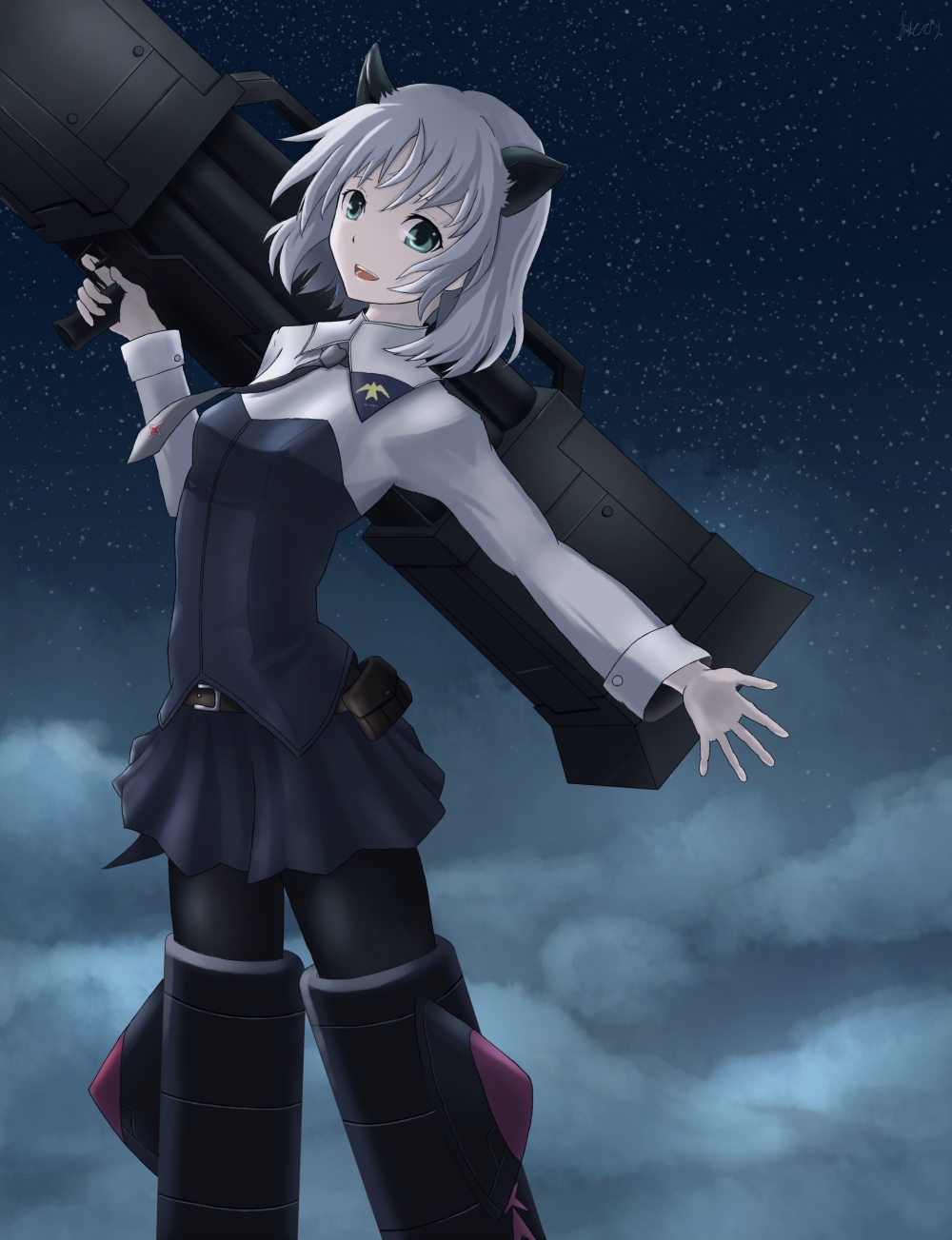 00s 1girl animal_ears bad_id bad_pixiv_id belt black_pantyhose cat_ears female_focus fiction_(artist) fiction_(forged) green_eyes highres military military_uniform necktie pantyhose rocket_launcher sanya_v._litvyak short_hair silver_hair smile solo strike_witches striker_unit weapon world_witches_series