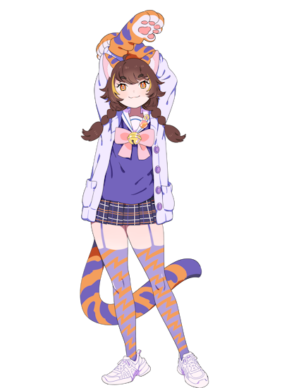 1girl 3am animal_ear_fluff animal_ears animal_hands artist_request badge bell blonde_hair bow bowtie braid brown_eyes brown_hair buttons callie_calico cardigan cat_ears cat_girl cat_paws cat_tail multicolored_hair official_art pink_bow pink_bowtie plaid_clothes plaid_skirt pleated_skirt pocket purple_garter_straps purple_shirt sailor_collar school_uniform shirt shoes skirt smile sneakers solo streaked_hair tail twin_braids two-tone_thighhighs white_cardigan white_sailor_collar white_shoes
