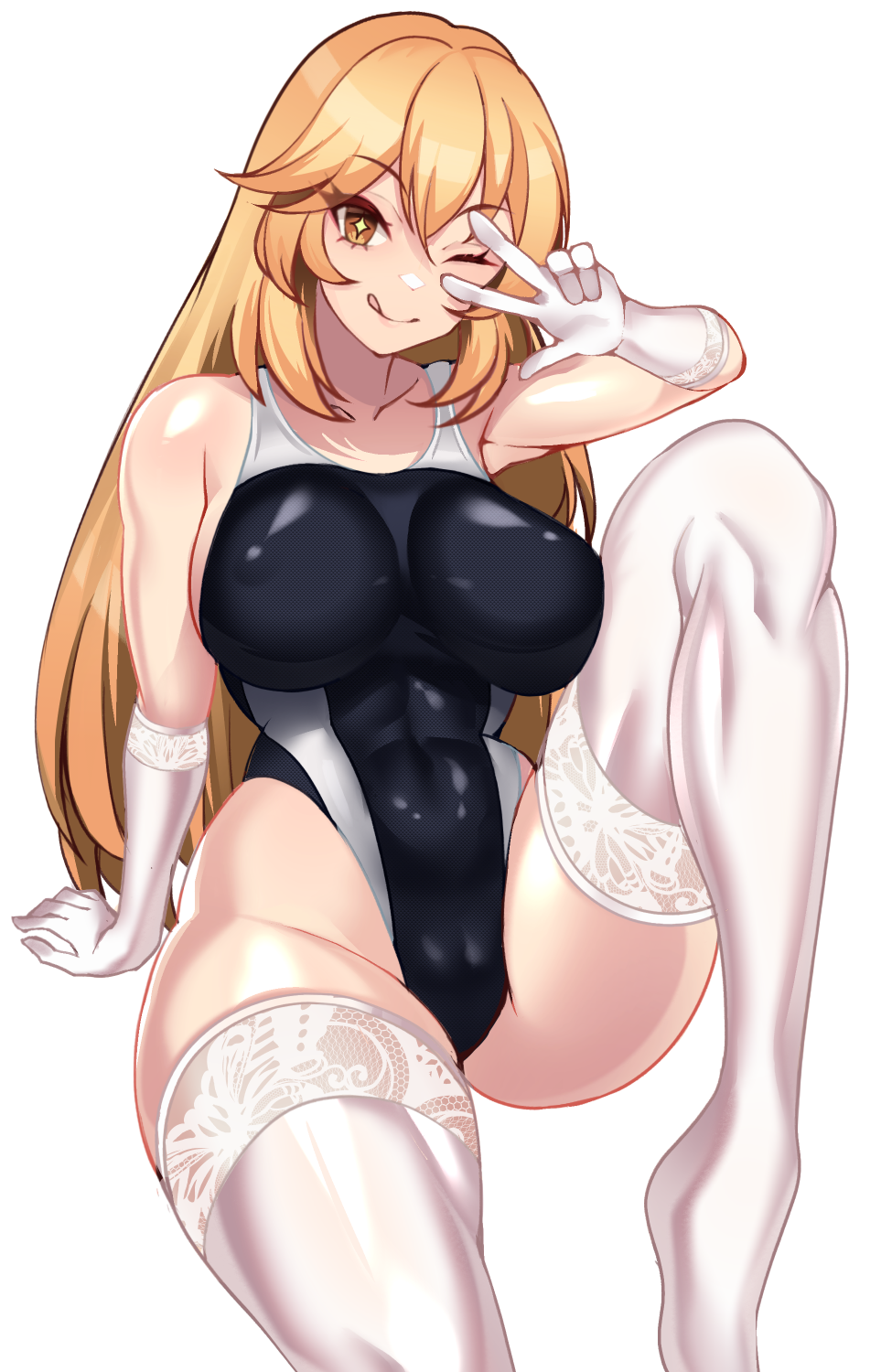 1girl :p black_one-piece_swimsuit blonde_hair breasts collarbone commentary_request competition_swimsuit covered_erect_nipples covered_navel elbow_gloves gloves hair_between_eyes highleg highleg_one-piece_swimsuit highres knee_up large_breasts long_hair looking_at_viewer matching_hair/eyes one-piece_swimsuit school_swimsuit shokuhou_misaki sitting smile solo star-shaped_pupils star_(symbol) swimsuit symbol-shaped_pupils thighhighs thighs toaru_kagaku_no_mental_out toaru_kagaku_no_railgun toaru_majutsu_no_index tokiwadai_school_swimsuit tongue tongue_out two-tone_swimsuit v v_over_eye volyz white_background white_gloves white_one-piece_swimsuit white_thighhighs yellow_eyes