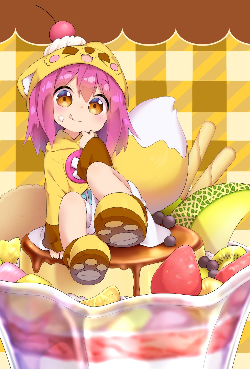 1girl :p animal_ears blueberry blush brown_eyes cherry dress fake_animal_ears female_focus food food_on_face fox_hat fox_tail fruit full_body highres hood in_food kiwi_(fruit) kiwi_slice long_hair looking_at_viewer melon nipeira orange_(fruit) original oversized_object paw_shoes pudding purple_hair shoes smile solo strawberry tail tongue tongue_out yuzuwa-chan