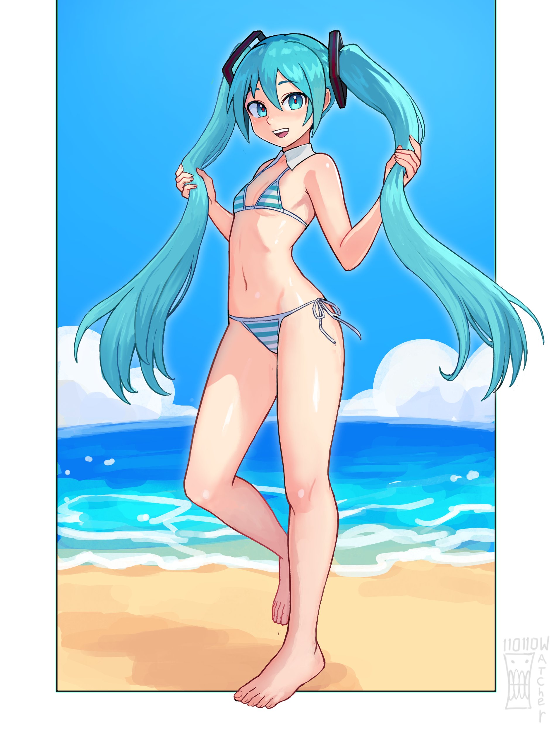 1girl :d absurdres aqua_eyes aqua_hair artist_name bare_arms bare_legs bare_shoulders barefoot beach bikini blue_sky blush cloud commentary day feet flat_chest groin hair_between_eyes hatsune_miku highres holding holding_own_hair long_hair looking_at_viewer navel open_mouth outdoors red_pupils sand side-tie_bikini_bottom sky smile solo stomach striped_bikini striped_clothes swimsuit teeth upper_teeth_only very_long_hair vocaloid watcher_hollow water
