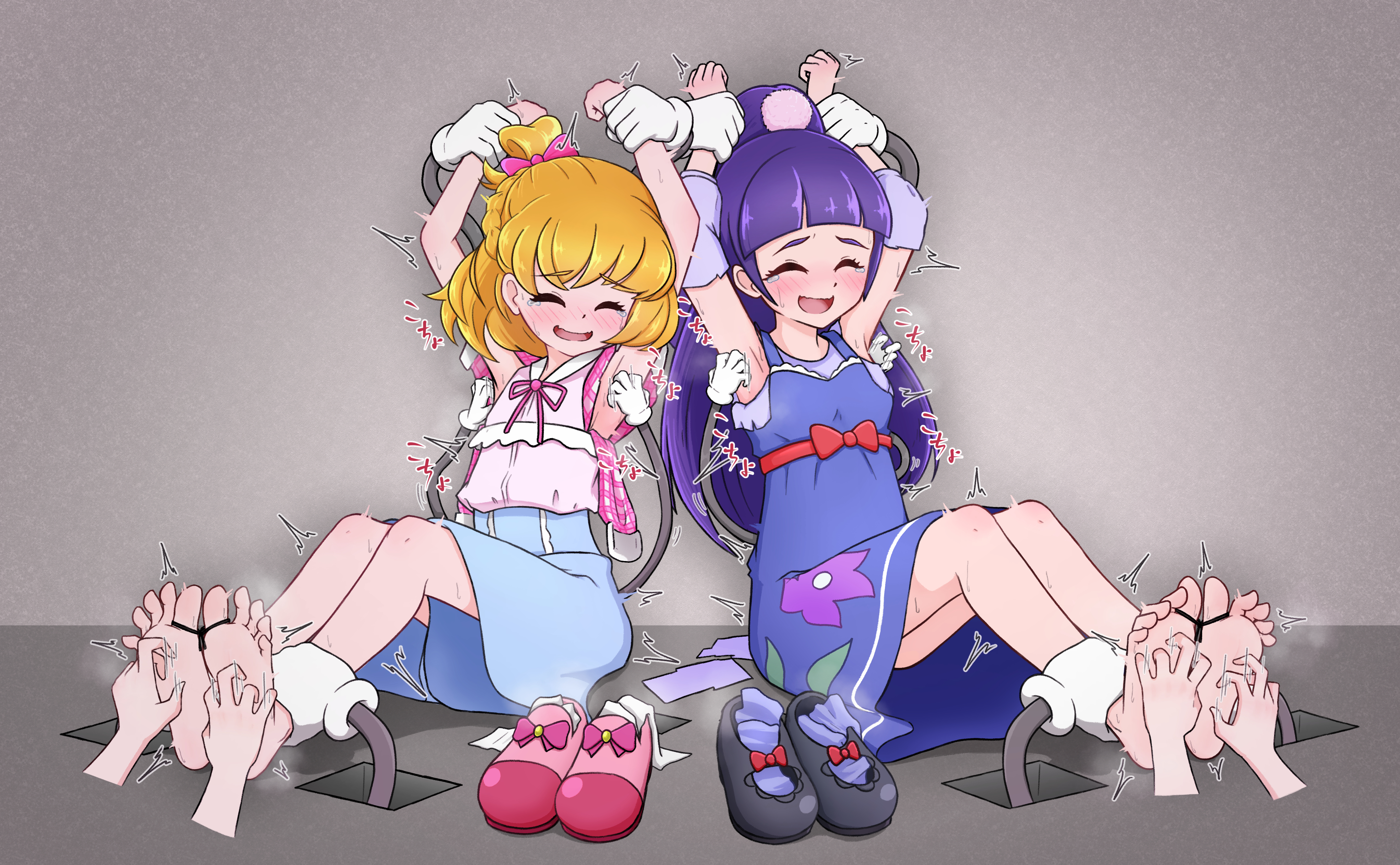2girls ^_^ absurdres arms_up asahina_mirai barefoot blue_shorts blunt_bangs blush bound bound_toes bound_wrists bow breasts clenched_hands closed_eyes commentary disembodied_hand dot_nose dress dress_over_shirt empty_room feet floral_print floral_print_dress folded_braid footwear_bow frilled_shirt frills full_body grabber_tool hair_bow hair_ornament high_ponytail highres indoors izayoi_liko laughing long_hair long_sleeves mahou_girls_precure! medium_hair multiple_girls neck_ribbon one_side_up open_mouth pinafore_dress pink_bow pink_ribbon pink_shirt pink_shoes plaid_clothes plaid_sleeves pom_pom_(clothes) pom_pom_hair_ornament ponytail precure puffy_short_sleeves puffy_sleeves purple_hair purple_shirt purple_socks red_bow ribbon shirt shirt_tucked_in shoes short_sleeves shorts sitting sleeveless sleeveless_dress small_breasts smile socks soles spread_toes tearing_up tears three-quarter_sleeves tickle_torture tickling tickling_armpits tickling_feet tk_(t-k) toe_scrunch toes torn_clothes torn_sleeves unworn_shoes unworn_socks waist_bow wavy_mouth white_socks