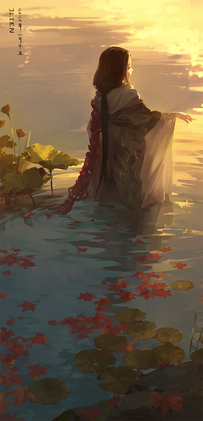 1girl artist_name black_hair brown_kimono capelet dated divine_child_of_rejuvenation full_body hand_up highres japanese_clothes jlien- kimono leaf lily_pad long_hair long_sleeves looking_away low_ponytail maple_leaf plant ponytail reaching rock sekiro:_shadows_die_twice solo standing tassel twilight wading water white_capelet wide_sleeves