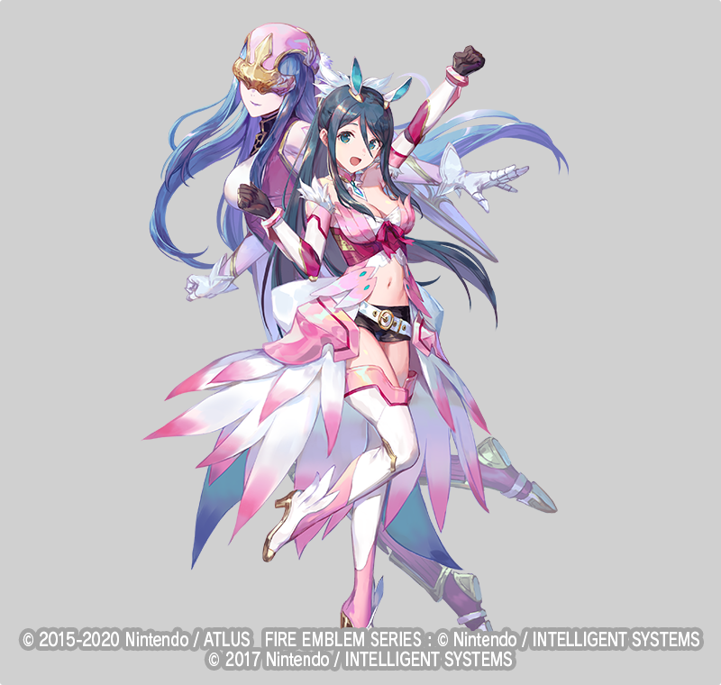 1girl azu-taro belt blue_eyes blue_hair boots breasts caeda_(fire_emblem) choker cleavage fire_emblem fire_emblem_heroes full_body gloves grey_background hair_ornament helmet high_heel_boots high_heels large_breasts long_hair midriff navel nintendo official_art open_mouth oribe_tsubasa ponytail thigh_boots thighhighs tokyo_mirage_sessions_fe zettai_ryouiki