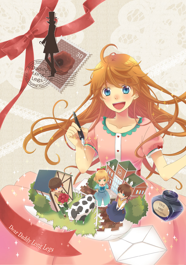 1912 2boys 3girls bad_id bad_pixiv_id blonde_hair blue_dress blue_eyes blue_skirt bouquet bow brown_hair brown_headwear building cane character_request cow daddy_long_legs dress envelope flower full_body green_eyes green_pants hair_bow hands_on_own_hips happy hat inkwell izumi_(rleg) judy_abbott long_hair looking_at_viewer multiple_boys multiple_girls nib_pen_(object) nippon_animation nose_piercing nose_ring orange_hair pants pen piercing pink_dress postage_stamp postmark red_bow red_flower red_rose ribbon rose running_bond septum_ring sett short_sleeves silhouette skirt smile stamp standing suspenders top_hat vest watashi_no_ashinaga_ojisan world_masterpiece_theater