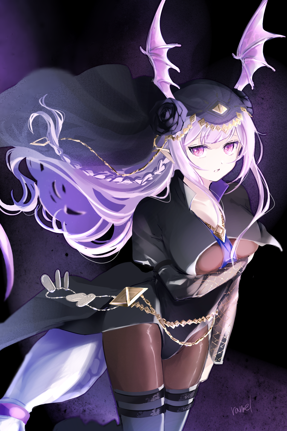 1girl arknights arm_under_breasts artist_name black_flower black_hat black_leotard black_rose black_thighhighs braid breasts brown_pantyhose chain commentary_request cowboy_shot flower gold gold_chain hat highres leotard long_hair long_sleeves looking_at_viewer manticore_(arknights) manticore_(under_a_veil)_(arknights) official_alternate_costume pantyhose parted_lips partial_commentary pink_eyes pink_hair pointy_ears ramel rose scorpion_tail signature solo standing tail thigh_strap thighhighs thighhighs_over_pantyhose