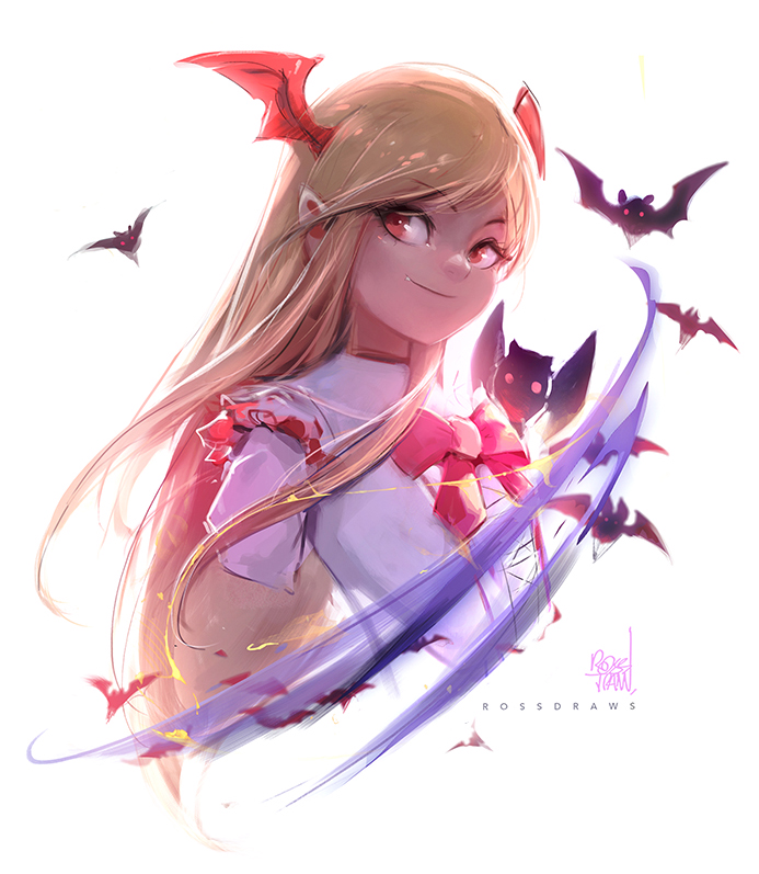 1girl bat_(animal) bat_wings blonde_hair bow demon demon_girl demon_wings fangs lolita_fashion long_hair pointy_ears portrait red_eyes ross_tran shadowverse sketch upper_body vampire vampy wings