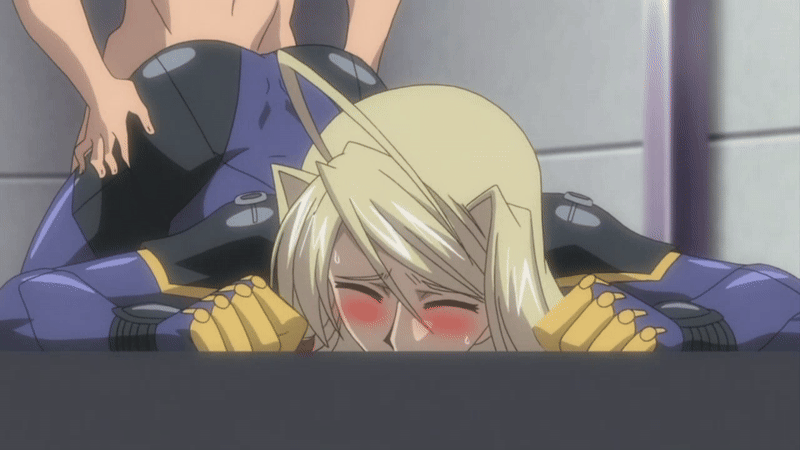 00s 1boy 1girl 2008 animated animated_gif ass blonde_hair blush bodysuit closed_eyes doggystyle iris_rebel long_hair lowres rape sex sex_from_behind soukou_kijo_iris tagme