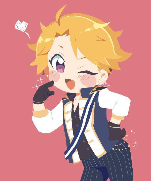 1boy ;d ahoge arasuka black_gloves blonde_hair cowboy_shot curtained_hair deformed ear_piercing earrings ensemble_stars! finger_to_cheek girly_boy gloves hand_on_own_hip happy heart jewelry leaning_to_the_side long_sleeves male_focus narukami_arashi no_lineart one_eye_closed open_mouth pants parted_bangs piercing pink_background pointing pointing_at_self purple_eyes short_eyebrows short_hair smile solo sparkle spoken_heart standing striped_clothes striped_pants stud_earrings vertical-striped_clothes vertical-striped_pants very_short_hair