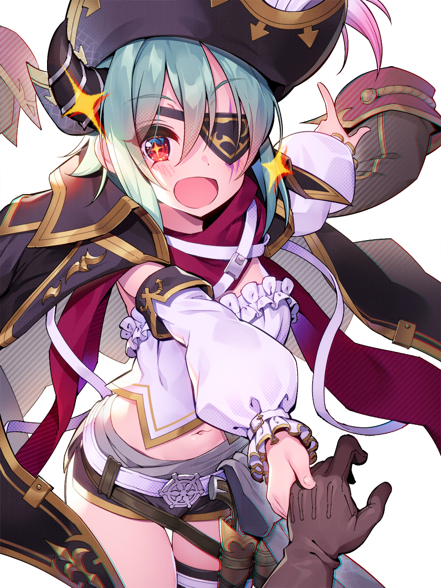 1girl anna_(pirate)_(princess_connect!) anna_(princess_connect!) asymmetrical_legwear belt coat coat_on_shoulders detached_sleeves eyepatch gloves green_hair hat highres horns looking_at_viewer midriff mismatched_legwear moguru navel open_mouth pirate pirate_hat princess_connect! puffy_sleeves red_eyes short_hair shorts single_horn single_thighhigh sleeveless thighhighs