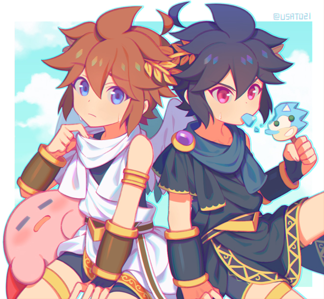 1other 2boys arm_up armband belt between_legs black_belt black_hair black_robe black_shirt black_shorts blue_eyes blue_scarf border bracer brown_belt closed_eyes closed_mouth cloud colored_skin cropped_legs dark_pit eating food gold_trim hair_between_eyes hair_intakes hair_ornament hand_between_legs holding holding_food holding_popsicle kid_icarus kirby kirby_(series) laurel_crown legband looking_at_object looking_at_viewer lying lying_on_person male_focus multiple_boys nintendo on_stomach open_mouth orange_hair pink_skin pit_(kid_icarus) popsicle pulling_own_clothes red_eyes robe scarf shirt shorts sky sonic_(series) super_smash_bros. sweat sweatdrop twitter_username undershirt white_border white_robe white_scarf wusagi2