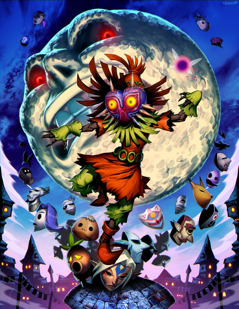 1boy angry animal_ears artist_name belt building claws crazy cyclops dancing dark_skin facial_hair fairy fairy_wings fingerless_gloves flying full_moon genzoman gloves glowing glowing_eyes looking_at_viewer male_focus mask moon moon_(zelda) mustache night night_sky nintendo one-eyed outdoors rabbit_ears red_eyes rooftop shoes signature skull_kid sky solo tael teeth the_legend_of_zelda the_legend_of_zelda:_majora&#039;s_mask tower town wings
