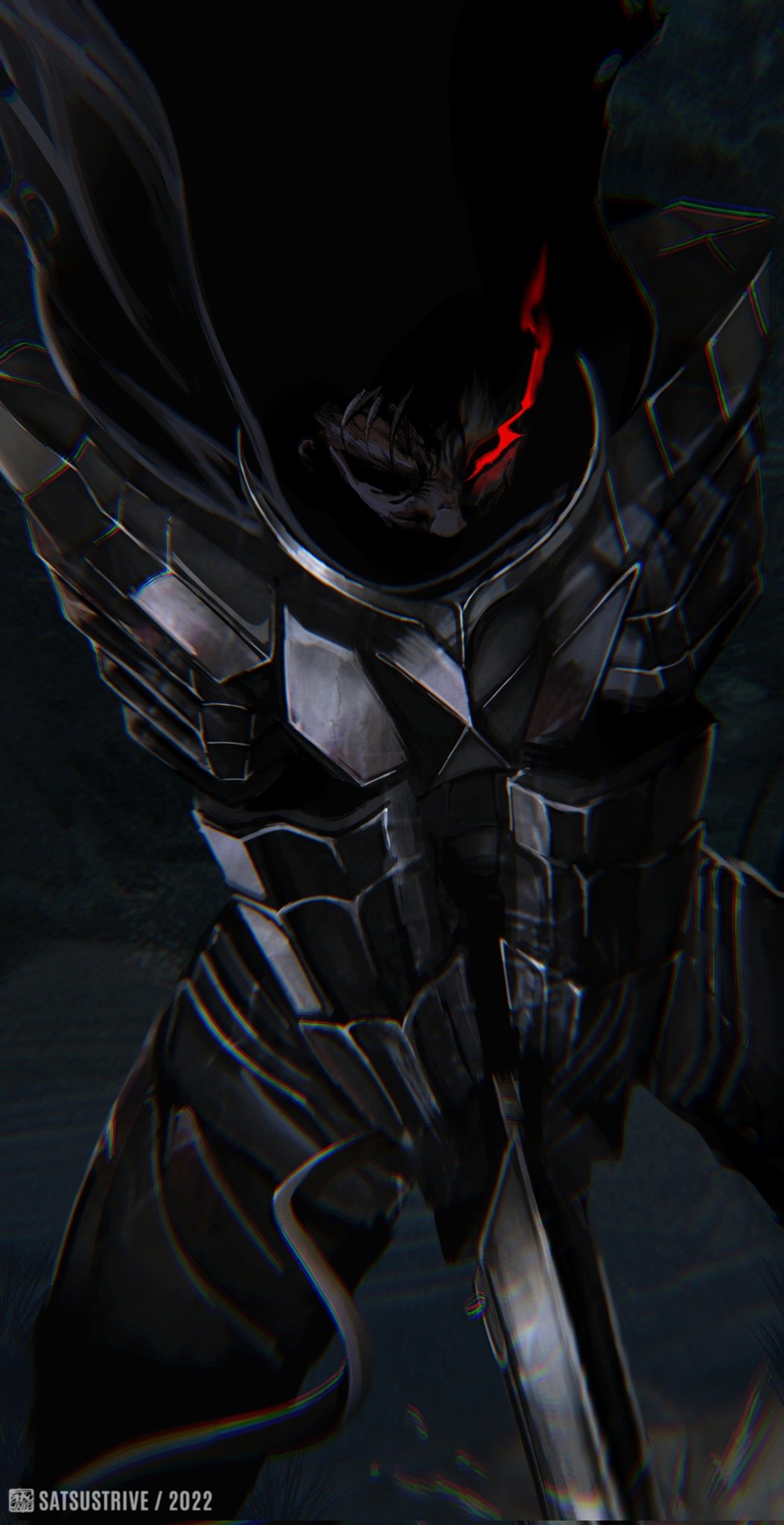 1boy armor artist_logo berserk berserker_armor bfs black_armor black_hair cape corrupted_twitter_file dragonslayer_(sword) full_armor glowing glowing_eye greatsword guts_(berserk) highres holding holding_sword holding_weapon huge_weapon logo one-eyed red_eyes satsu-strive solo sword two-handed_sword weapon