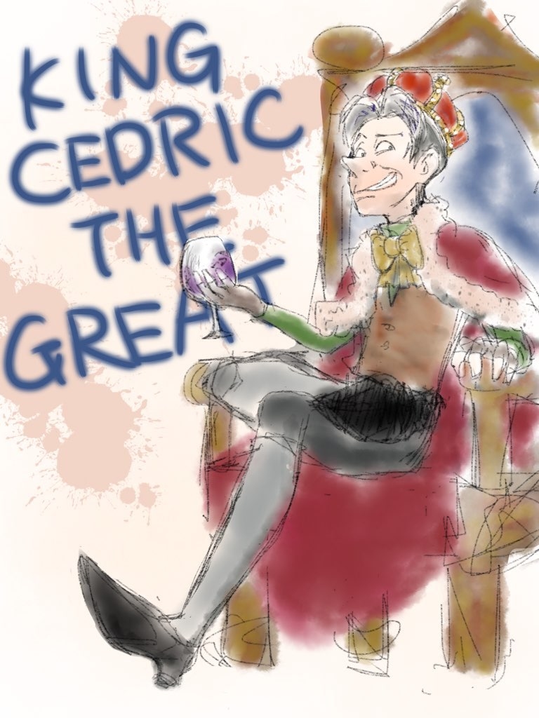 1boy black_legwear cedric_(disney) cedric_(sofia_the_first) crossed_legs crown cup drinking_glass grin king multicolored_hair old old_man pointy_nose sitting sketch smile sofia_the_first throne two-tone_hair wine_glass