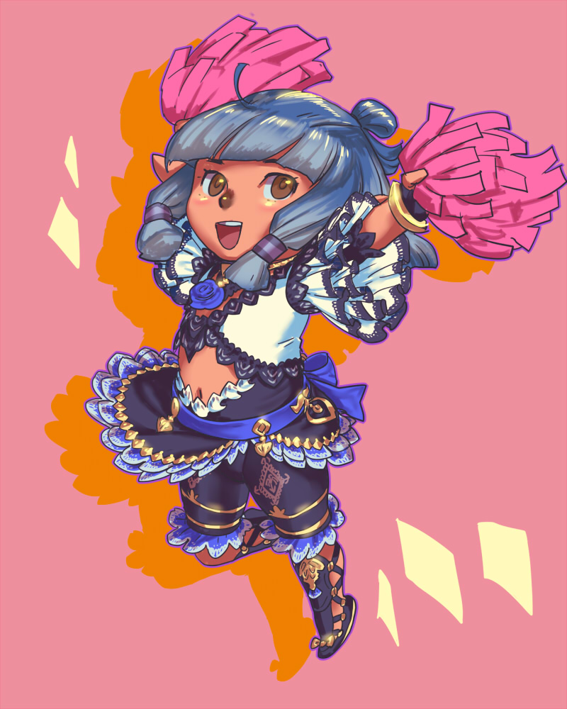 1girl :d arms_up blue_flower blue_hair blue_rose blunt_bangs brown_eyes dancer dancer_(final_fantasy) final_fantasy final_fantasy_xi flamenco flower full_body hair_tubes holding holding_pom_poms leg_up medium_hair navel open_mouth pink_background pointy_ears pom_pom_(cheerleading) pom_poms rose silhouette smile solo tarutaru teeth topknot yuccoshi