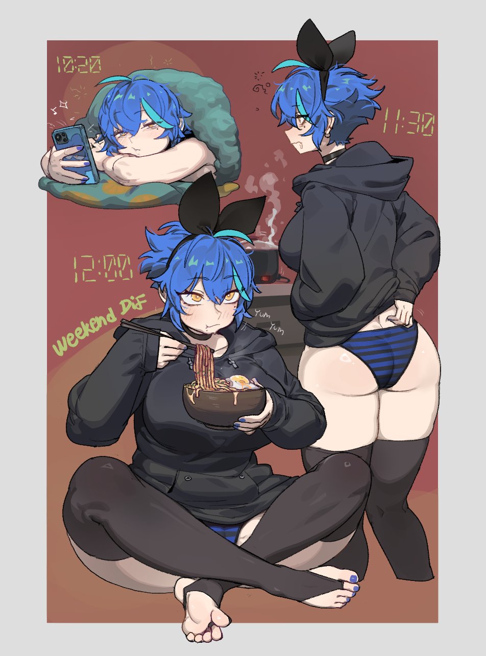 1girl black_hoodie black_panties black_ribbon black_thighhighs blue_hair blue_panties bowl breasts chopsticks cowboy_shot dif_(difman) difman eating full_body hair_ribbon highres holding holding_bowl holding_chopsticks hood hood_down hoodie large_breasts mole mole_under_eye multiple_views original panties ribbon short_hair striped_clothes striped_panties thighhighs underwear yellow_eyes